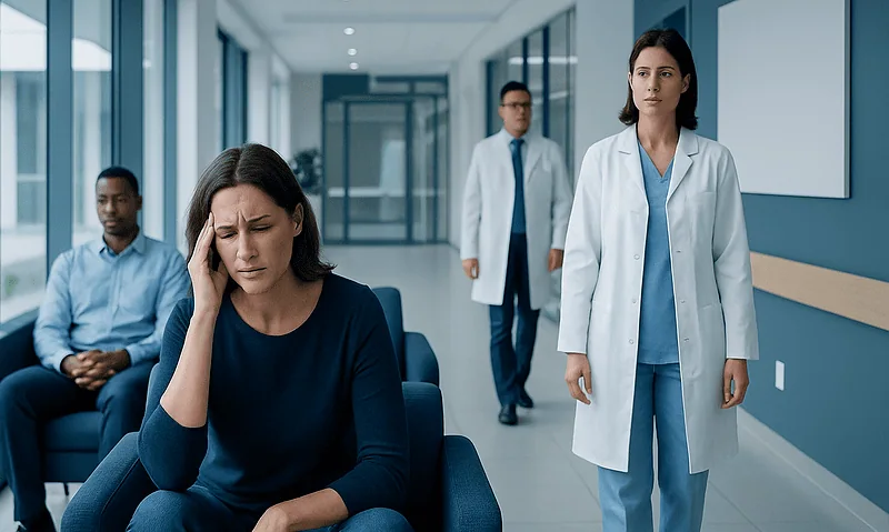 Patient experiencing headache in hospital waiting area with medical staff nearby.