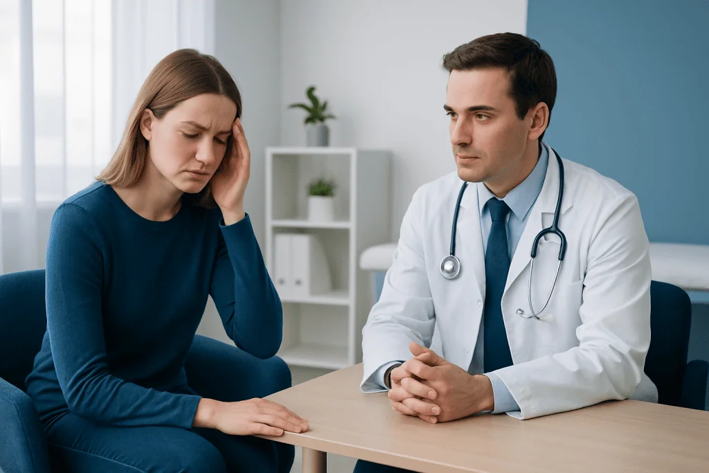 Doctor consulting with a woman experiencing headache in a clinic setting.