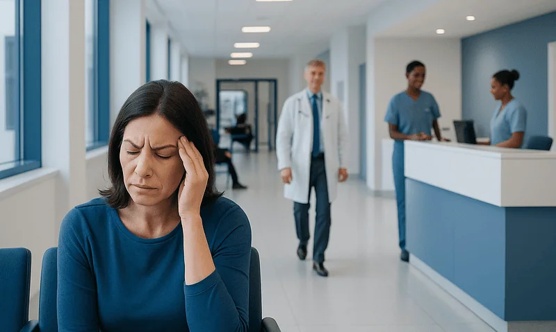 Woman with headache in hospital waiting area.