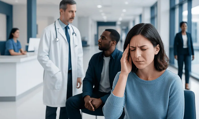 Woman with headache in hospital waiting area with doctor and patient.