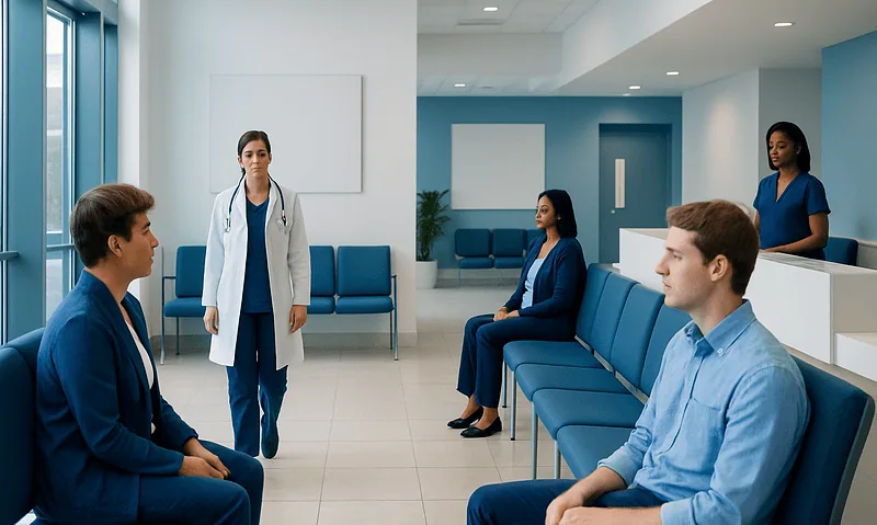 Patients waiting in a modern hospital reception area with medical staff present.