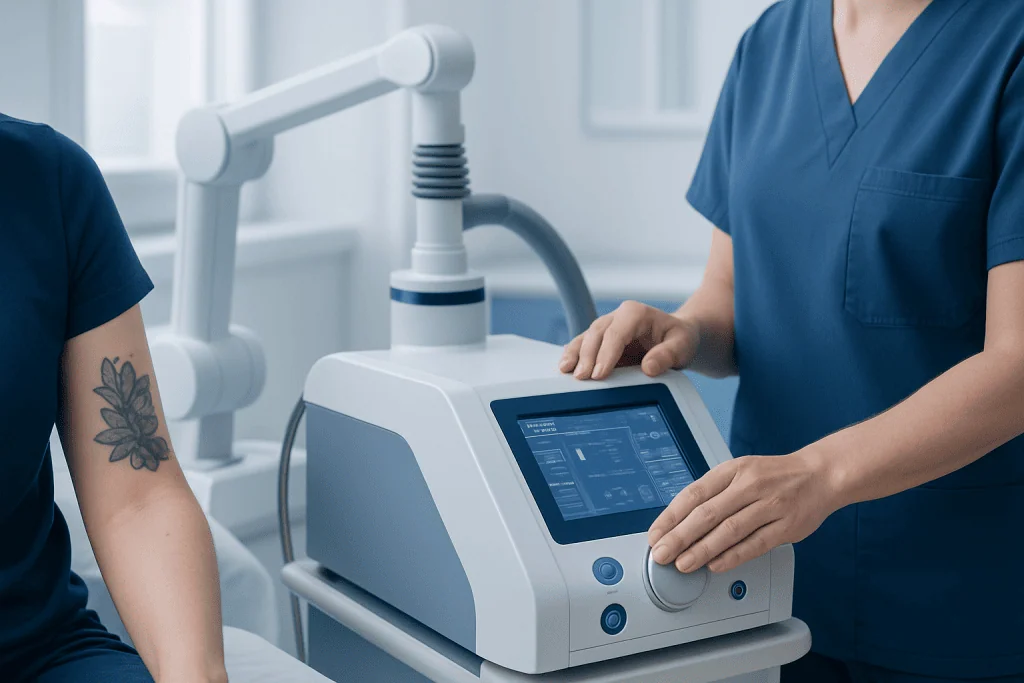 Medical professional operating advanced skin treatment device in clinic.