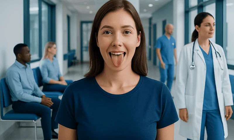 Young woman showing her tongue in a medical setting with healthcare professionals.