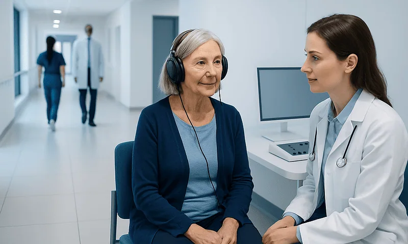 Doctor conducting hearing test with elderly patient in hospital corridor.