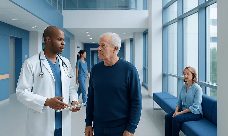 Doctor consulting with an elderly patient in a hospital corridor.