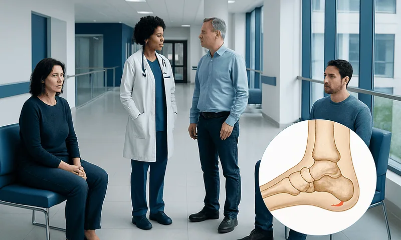 Heel Spur — Explained by Medical Evidence, Not Myths 1 Medical consultation about heel spurs in a hospital corridor with a doctor and patients.