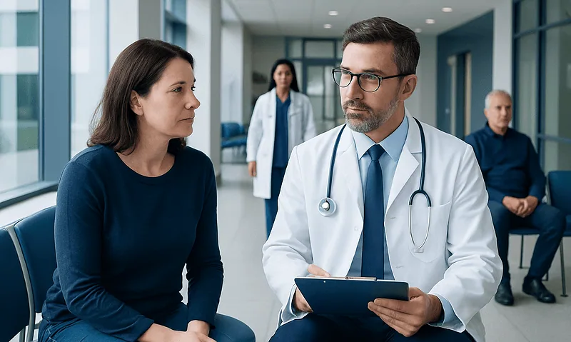 Hematologist consulting with a patient in a hospital corridor.