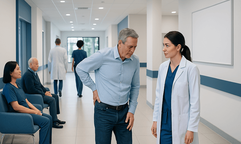 Patient consulting with doctor about herniated disc in hospital corridor.
