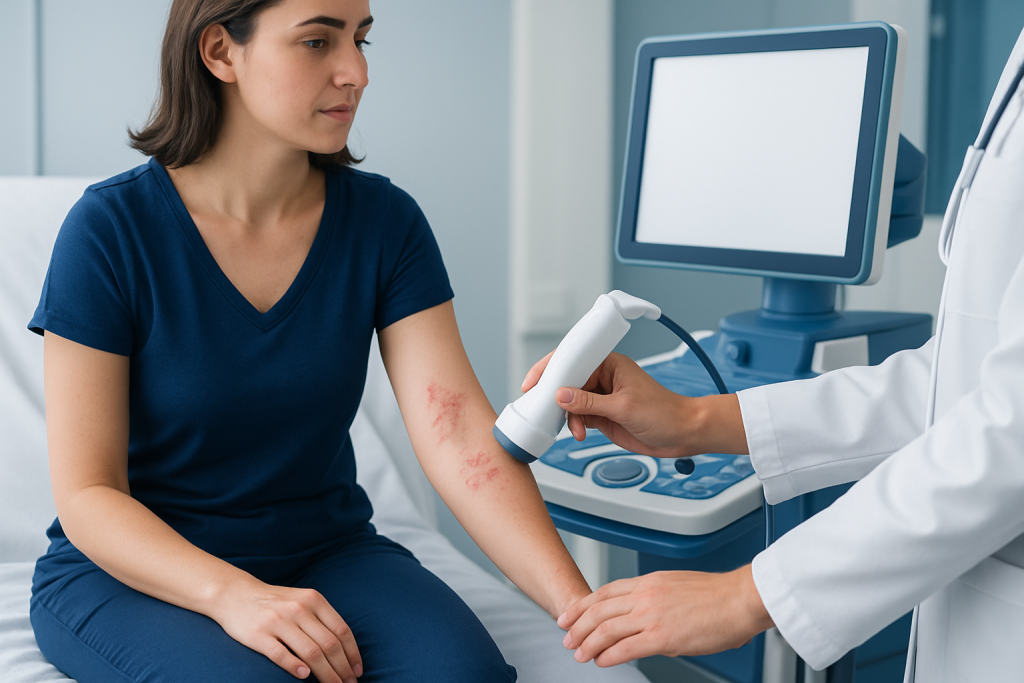 Doctor examines a woman's arm with a skin rash using an ultrasound device.