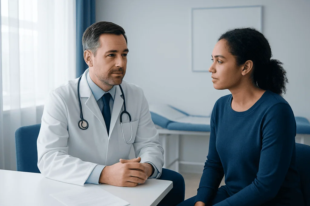 Doctor consulting with a patient in a hospital room.