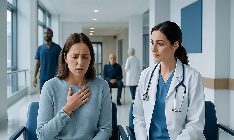 Woman experiencing hiccup discomfort during medical consultation at hospital.