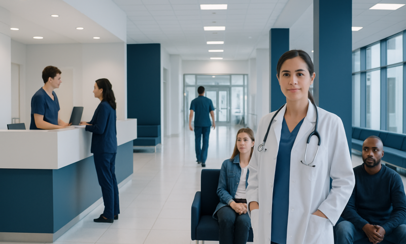 Healthcare professionals and patients in a modern hospital lobby.