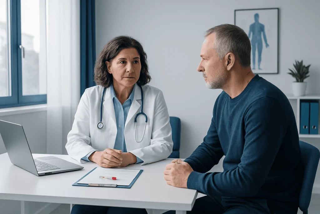 Doctor consulting with patient in a medical office setting.