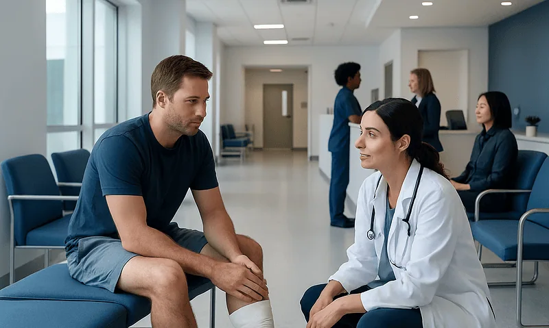 Patient consulting with doctor in hospital corridor.
