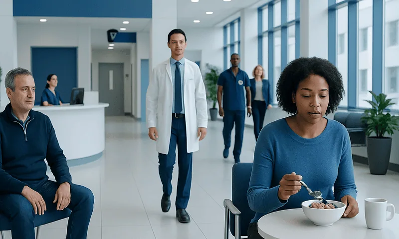 Diverse group of patients and staff in a modern hospital waiting area.