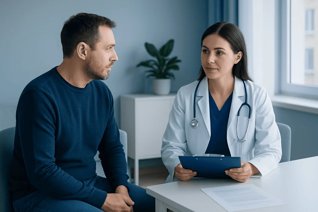 Doctor consulting with male patient in a medical office setting.