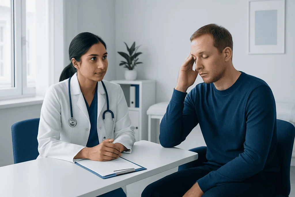 Doctor consulting with patient about sleep issues in a clinic setting.