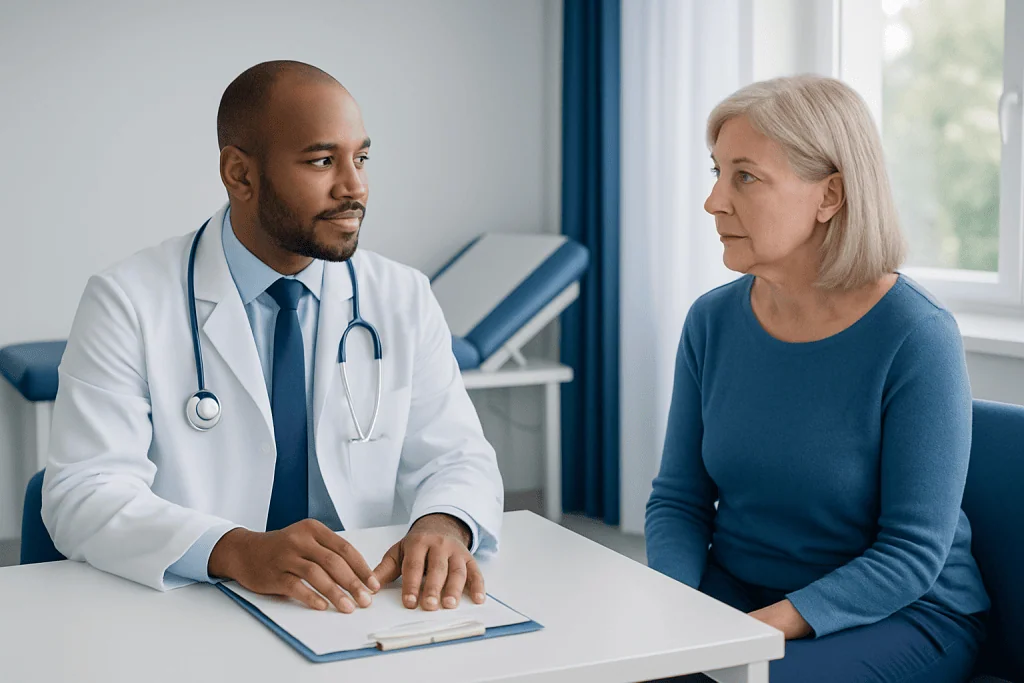 Doctor consulting with an elderly female patient in a medical office.