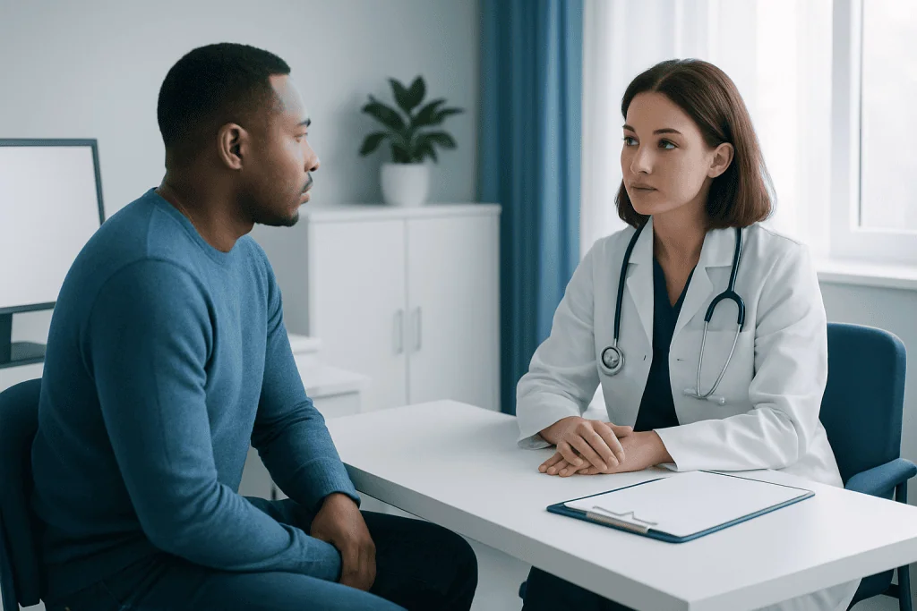 Doctor consulting with a male patient in a medical office setting.