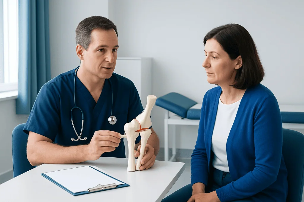 Orthopedic doctor explaining hip replacement to patient with model.