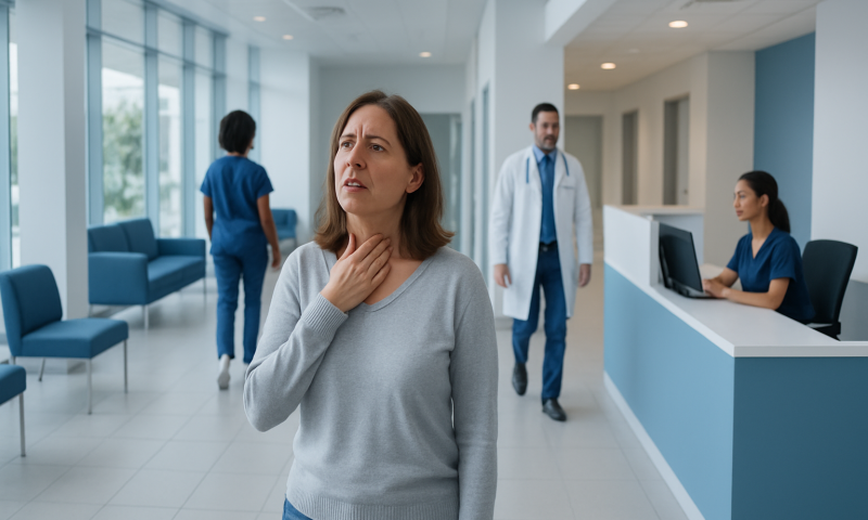 Hoarse Voice — Explained by Medical Evidence, Not Myths 4 Woman with sore throat at hospital reception area.