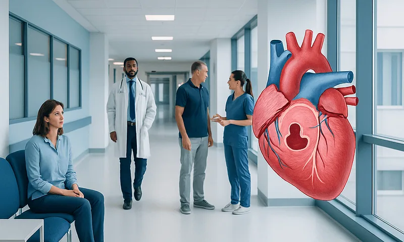 Medical team discussing heart health in hospital corridor with heart illustration.