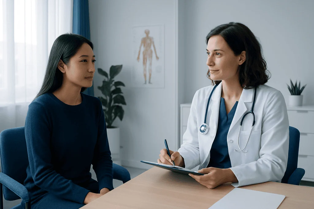 Doctor consulting with a patient in a modern medical office.