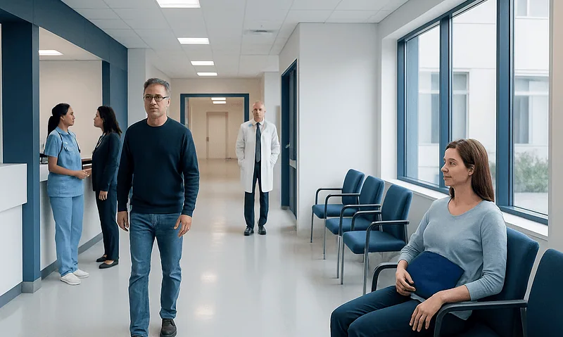 Pregnant woman waiting in hospital corridor with medical staff nearby.