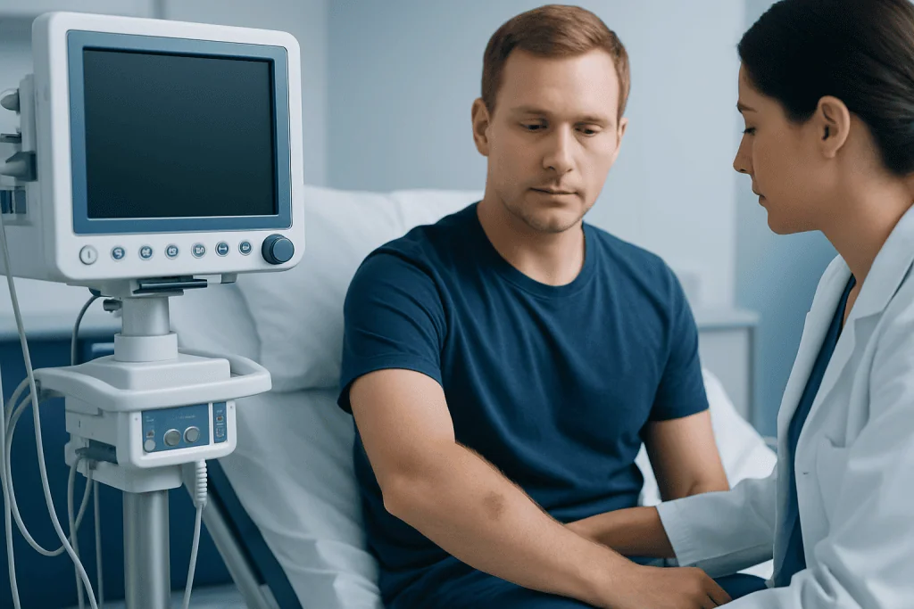 Doctor examining a patient's arm in a hospital room.