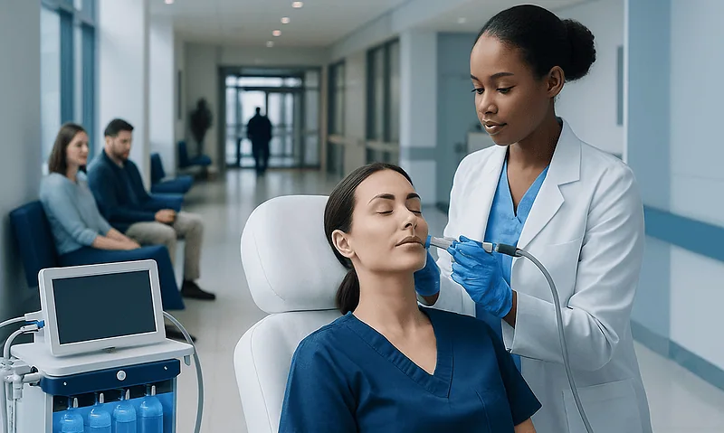 Skincare treatment with Hydrafacial machine at Acibadem Hospital.