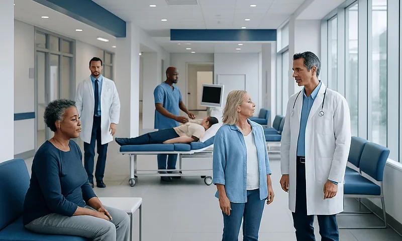 Doctors and patients in a modern hospital corridor with examination beds.
