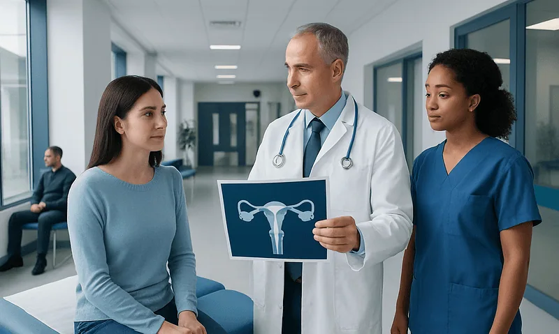 Doctor explaining hysterosalpingogram to patient in hospital corridor.