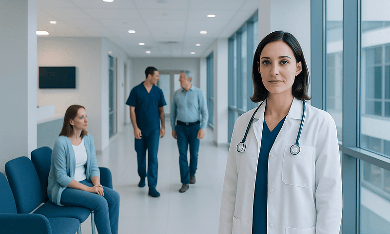Healthcare professional in hospital corridor with patients and staff.