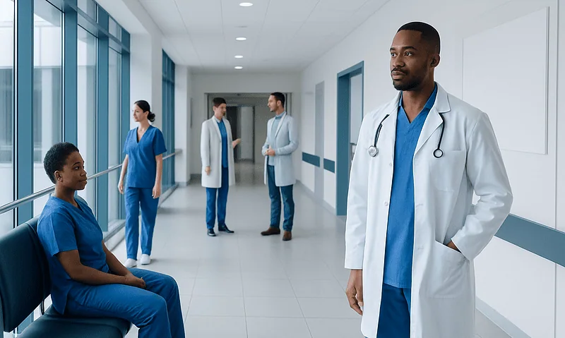 Medical professionals and a patient in a hospital corridor at Acibadem Hospitals Group.