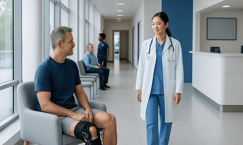 Patient with knee brace consulting with a healthcare professional in hospital corridor.