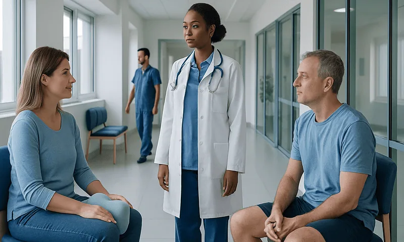 Doctor consulting with patients in a hospital corridor.