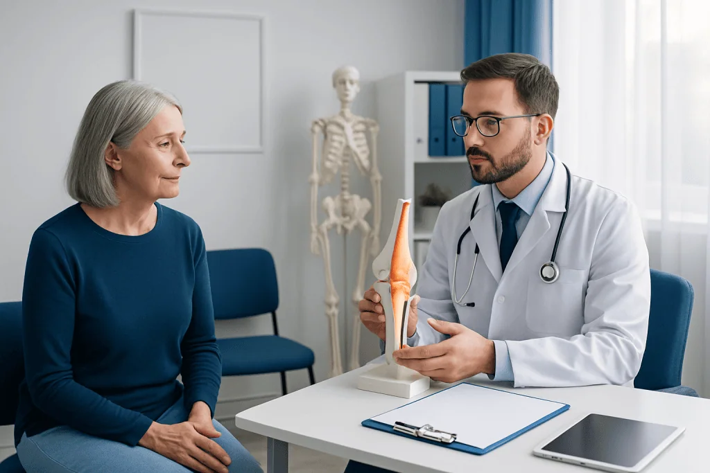 Orthopedic consultation for knee replacement in Turkey with doctor and patient.