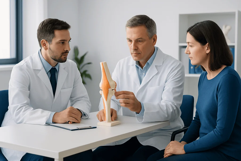 Orthopedic consultation with a knee model at Acibadem Hospital.