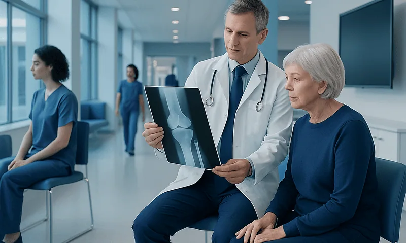 Doctor explaining knee X-ray to elderly patient in hospital.