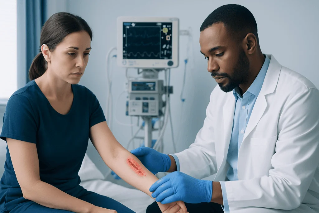Doctor treating a patient's arm with a skin injury in a hospital setting.