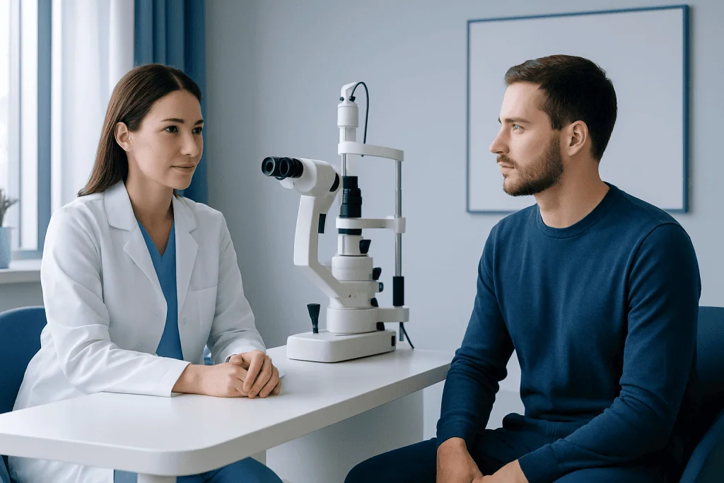 Ophthalmologist consulting with patient about eye health and LASIK surgery.