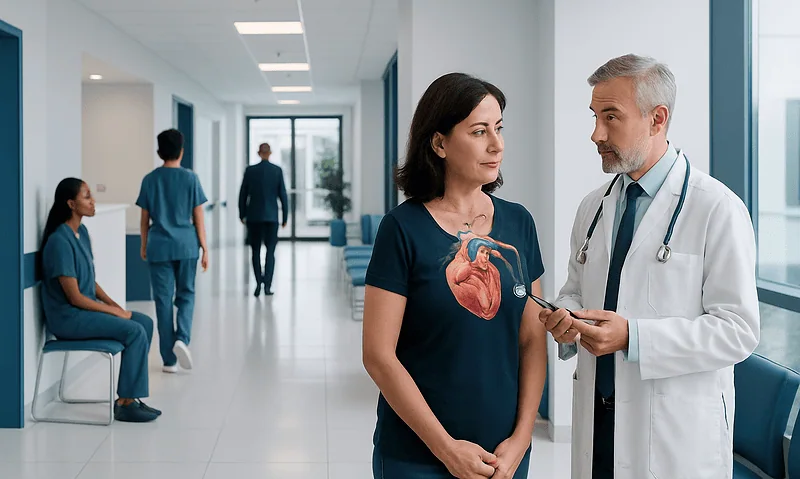 Doctor discussing patient care with nurse in hospital corridor.