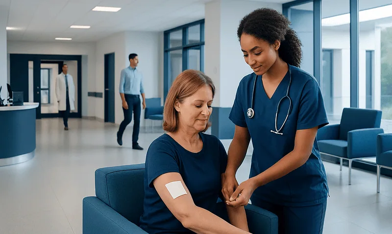 Nurse applying a bandage to a patient's arm in a hospital corridor.