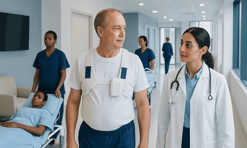 Patient with heart condition talking to doctor in hospital corridor.