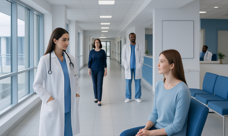 Medical consultation in hospital corridor with female patient and doctors.