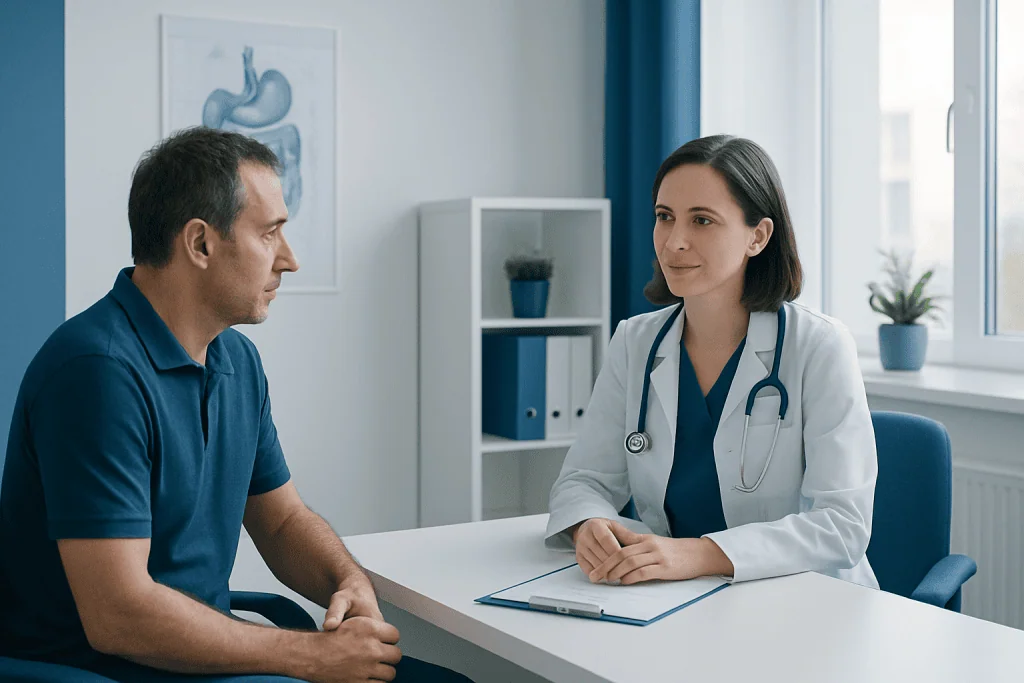 Doctor consulting with a patient in a medical office setting.