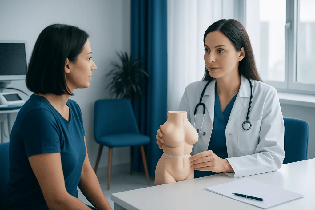 Doctor explaining liposuction options to patient in clinic.