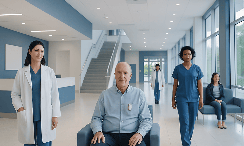 Patient waiting in hospital lobby with medical staff and visitors around.