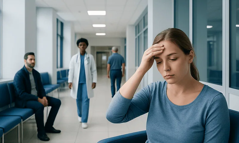 Young woman with headache in hospital corridor, feeling unwell.
