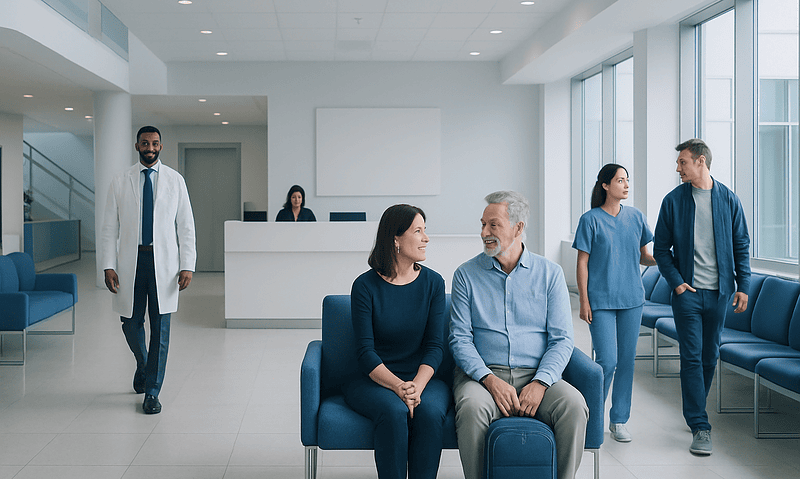 Patients and staff in a modern hospital waiting area with large windows.